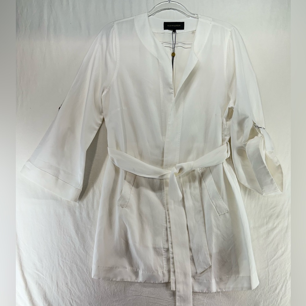 Kobi Haperin Francesca 3/4 Sleeve White‎ Open Front Mid Length Self Belt Size M
